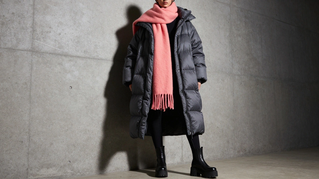Модель в объемном сером пуховике с персиковым шарфом на фоне бетонной стены