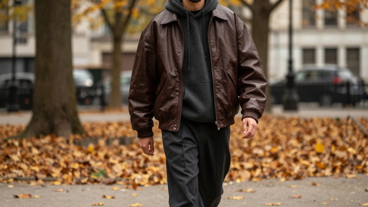 Мужчина в объемной коричневой кожаной куртке и широких брюках на фоне осеннего парка