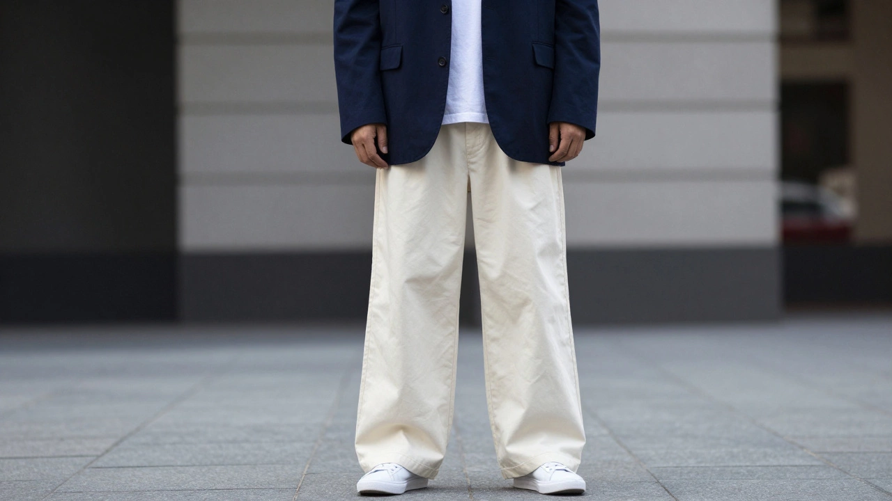 Мужчина в объемном блейзере с широкими плечами и светлых широких брюках