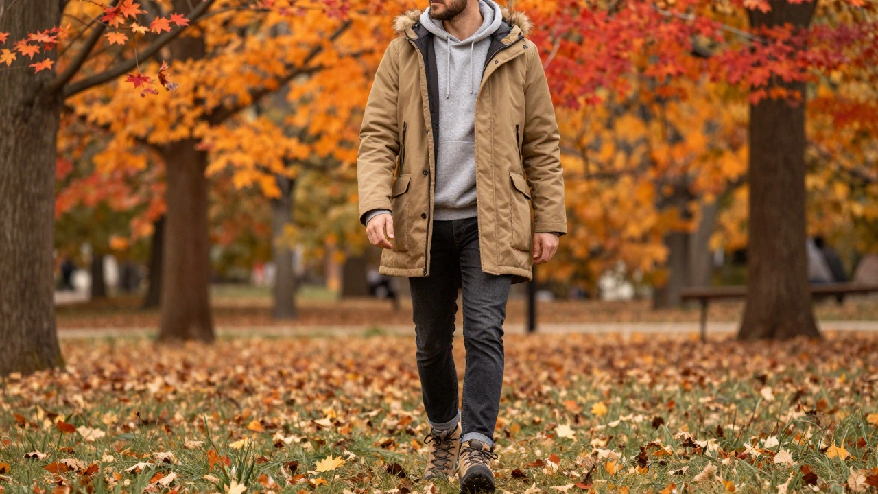 Мужчина в парке цвета хаки и трекинговых ботинках на фоне осеннего парка