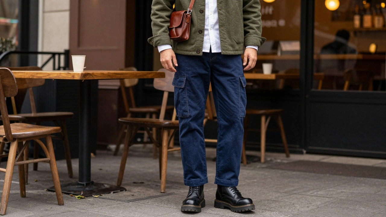 Мужской образ в стиле ворквеар: оливковая куртка-рубашка, брюки-карго и массивные ботинки