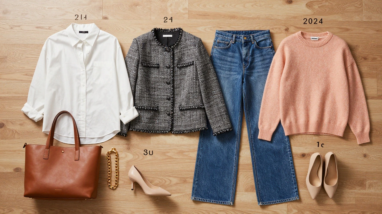 Раскладка базового капсульного гардероба с белой рубашкой, твидовым жакетом и аксессуарами