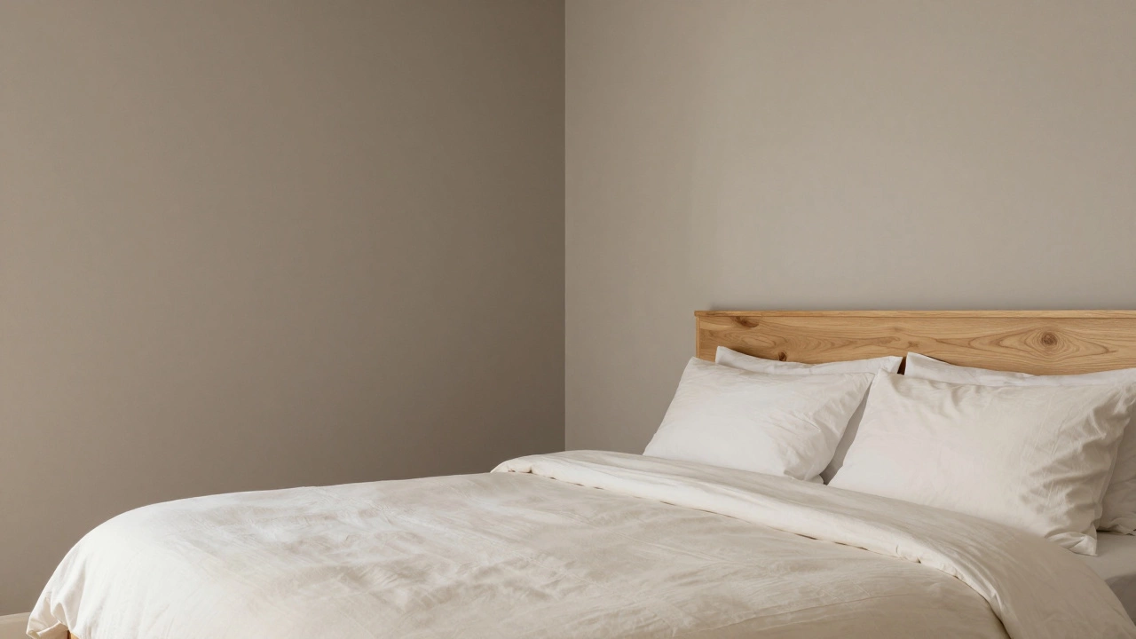 Спальня в теплых нейтральных тонах греж с мягким освещением и светлым деревом