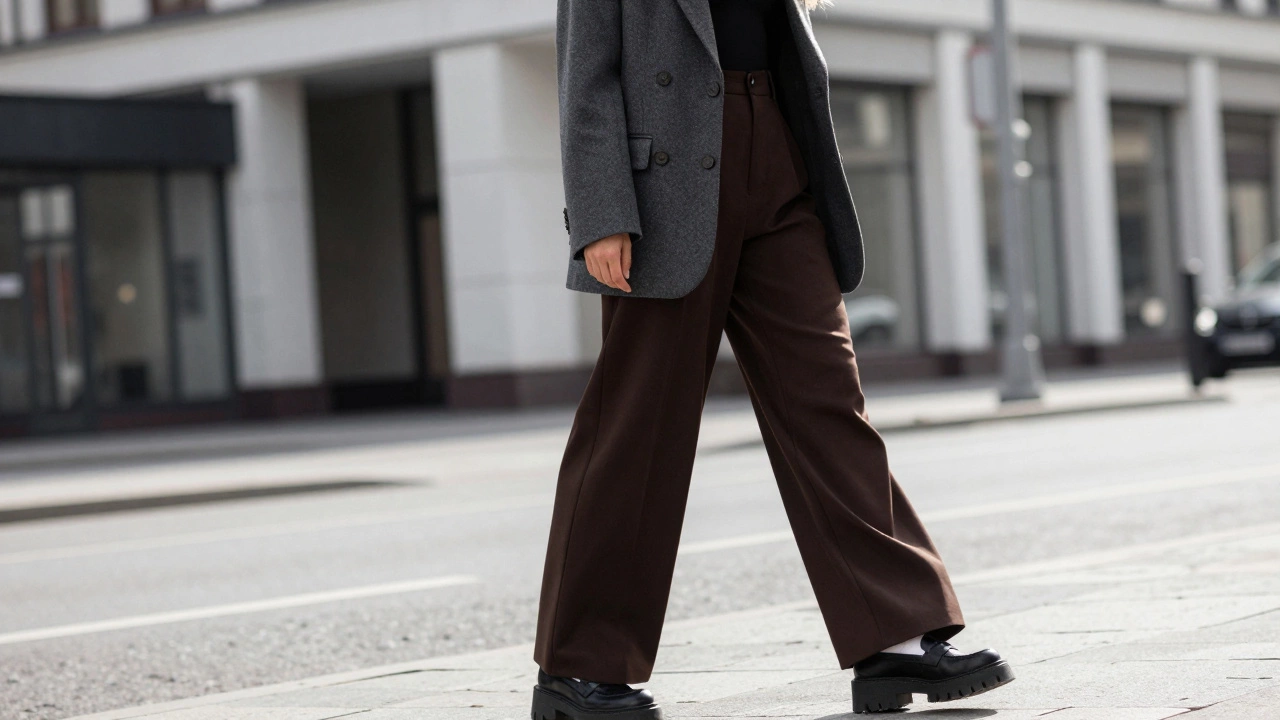 Стильный городской образ с оверсайз пиджаком и брюками палаццо на улице города