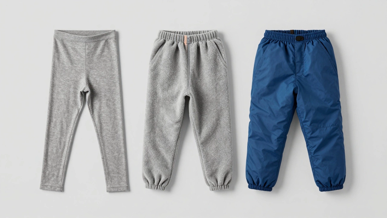 Три слоя одежды: термобелье, флисовые штаны и мембранные зимние брюки